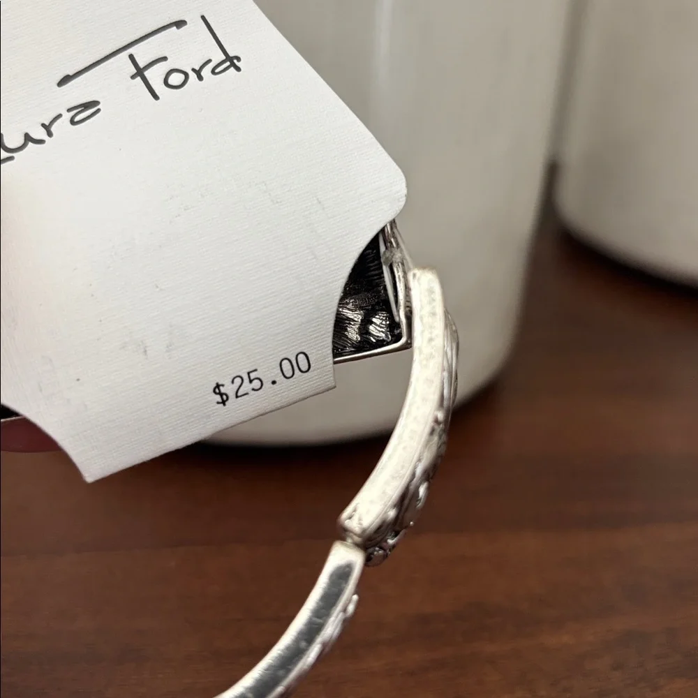 Laura Ford Stretch Silvertone Embossed scroll & floral bracelet